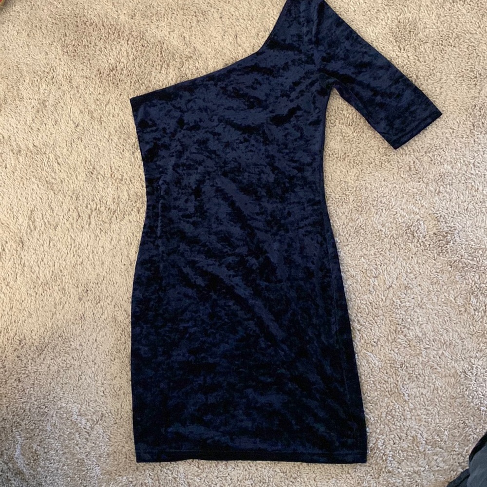 One shoulder dark blue velvet mini dress. Size S.